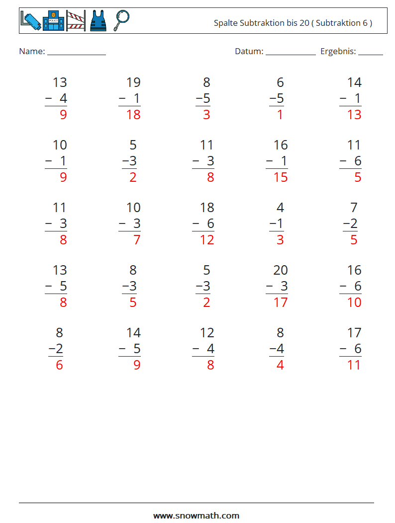 (25) Spalte Subtraktion bis 20 ( Subtraktion 6 ) Mathe-Arbeitsblätter 7 Frage, Antwort