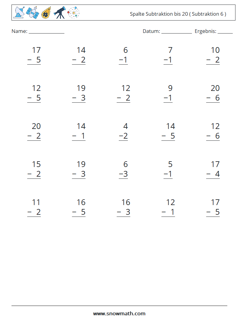 (25) Spalte Subtraktion bis 20 ( Subtraktion 6 ) Mathe-Arbeitsblätter 8