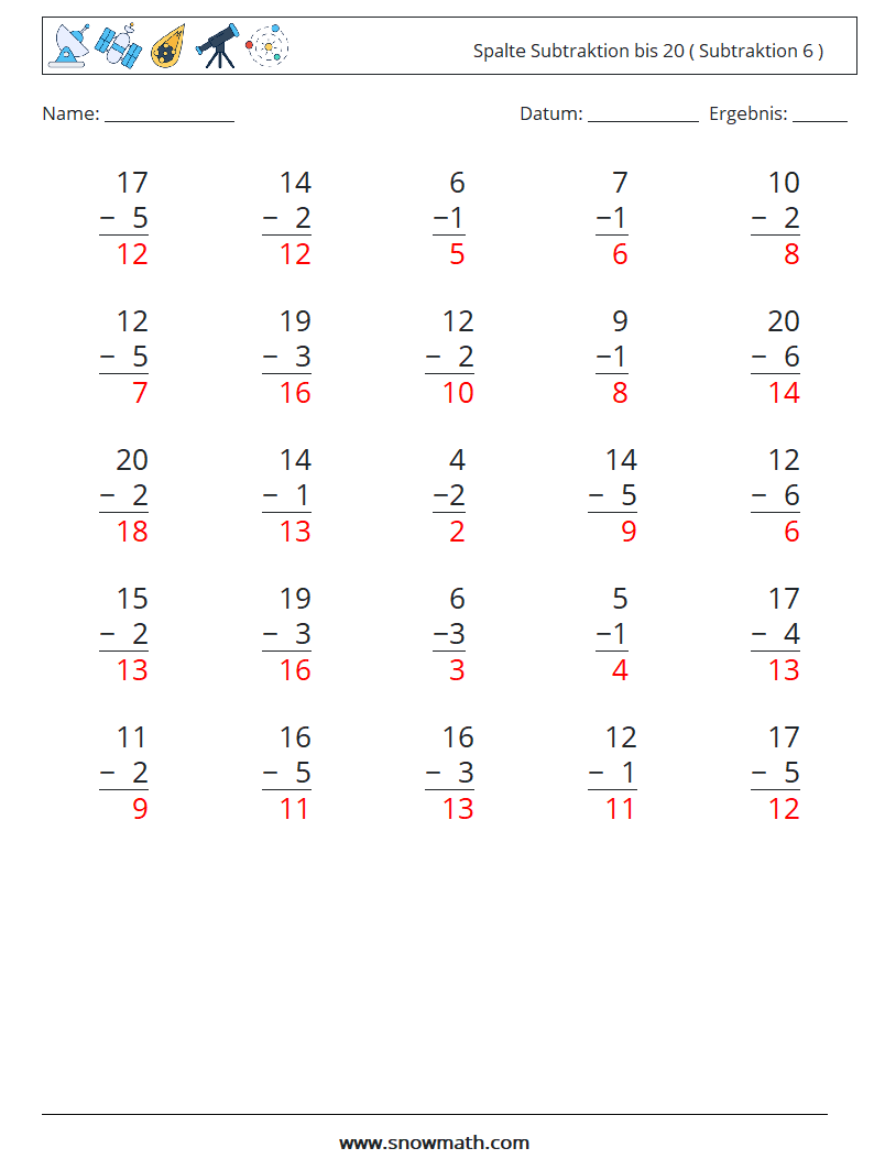 (25) Spalte Subtraktion bis 20 ( Subtraktion 6 ) Mathe-Arbeitsblätter 8 Frage, Antwort