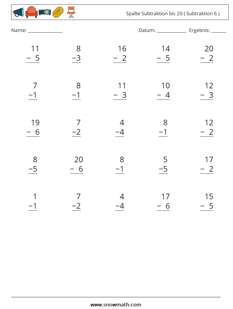 (25) Spalte Subtraktion bis 20 ( Subtraktion 6 ) Mathe-Arbeitsblätter 9