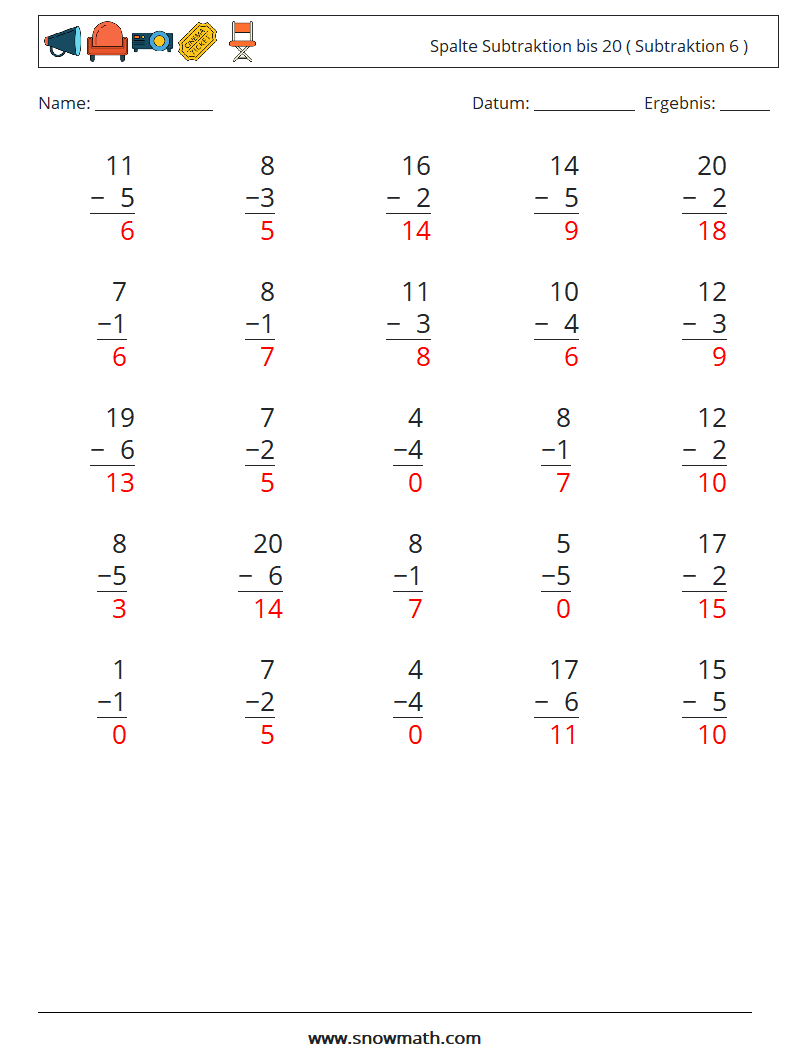 (25) Spalte Subtraktion bis 20 ( Subtraktion 6 ) Mathe-Arbeitsblätter 9 Frage, Antwort