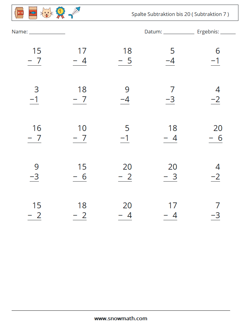 (25) Spalte Subtraktion bis 20 ( Subtraktion 7 ) Mathe-Arbeitsblätter 1