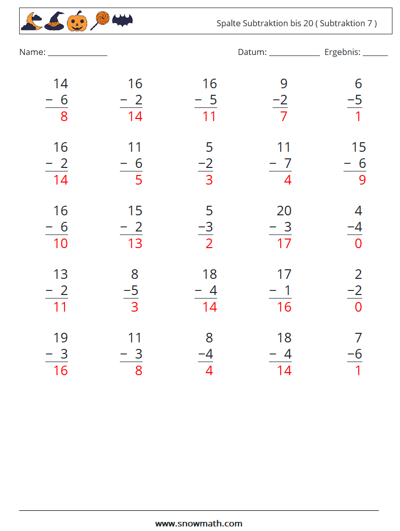 (25) Spalte Subtraktion bis 20 ( Subtraktion 7 ) Mathe-Arbeitsblätter 13 Frage, Antwort