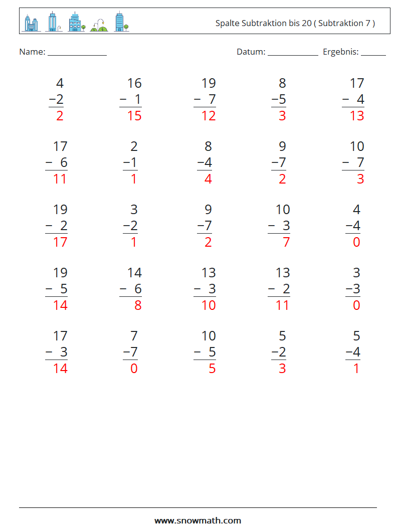 (25) Spalte Subtraktion bis 20 ( Subtraktion 7 ) Mathe-Arbeitsblätter 4 Frage, Antwort