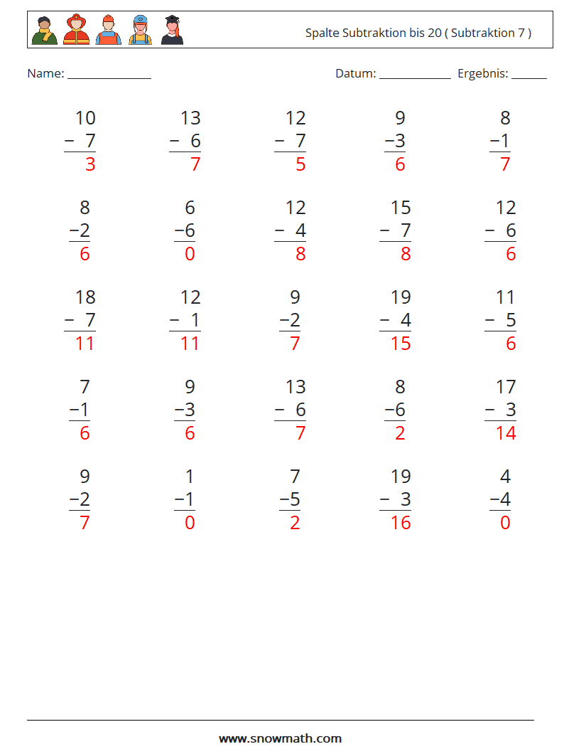 (25) Spalte Subtraktion bis 20 ( Subtraktion 7 ) Mathe-Arbeitsblätter 7 Frage, Antwort