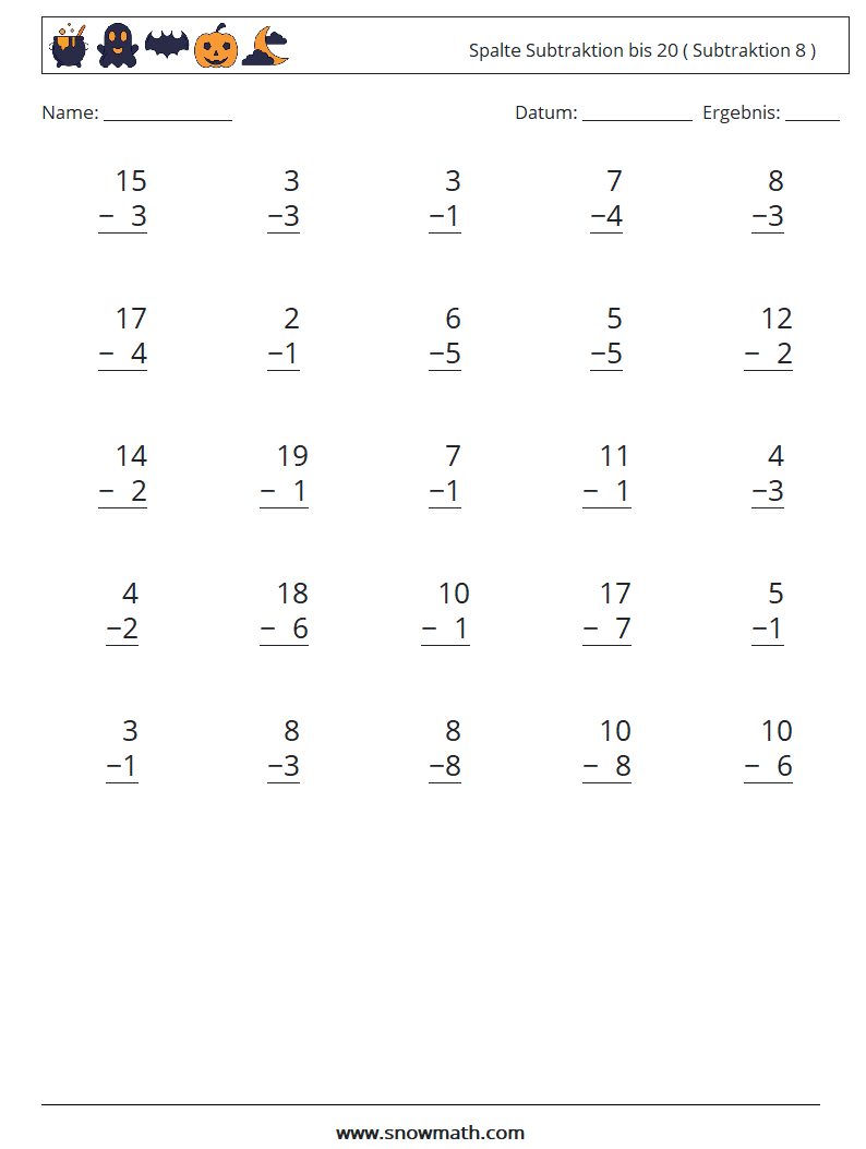 (25) Spalte Subtraktion bis 20 ( Subtraktion 8 ) Mathe-Arbeitsblätter 3