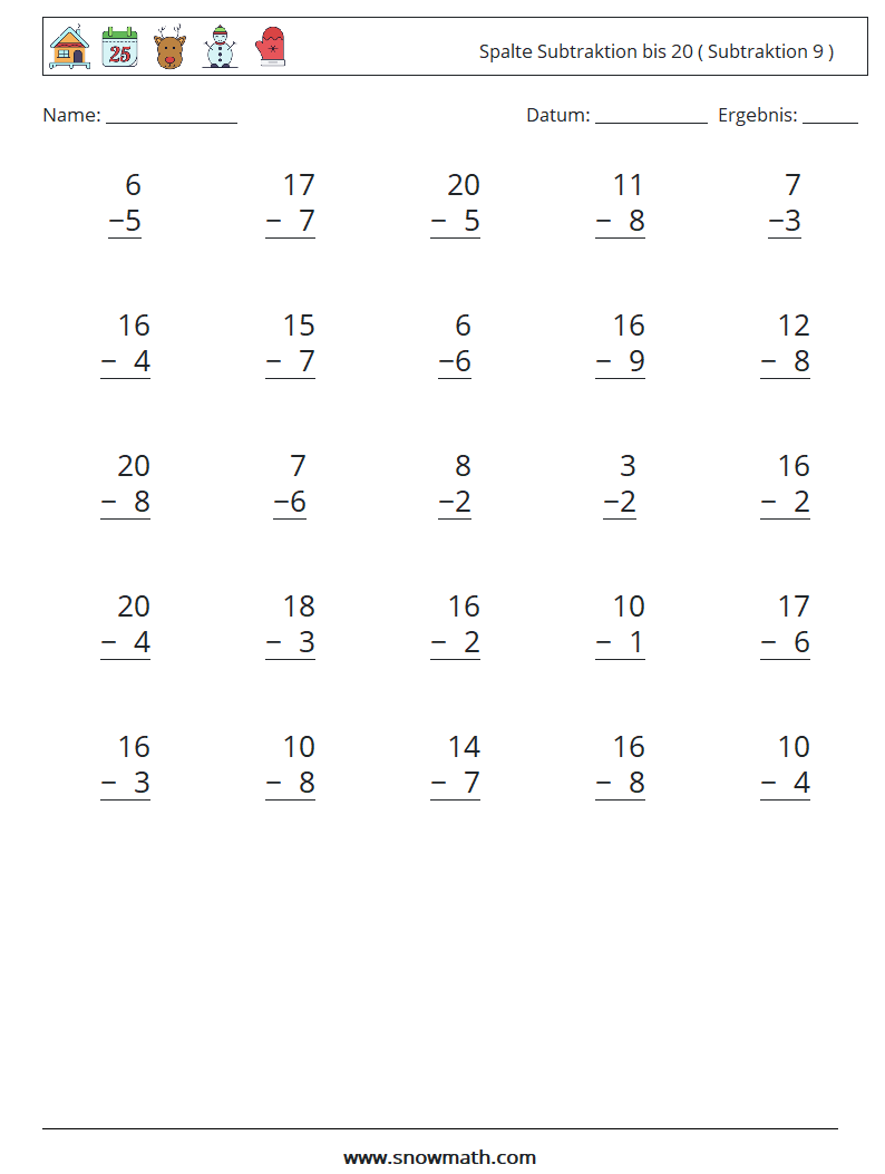 (25) Spalte Subtraktion bis 20 ( Subtraktion 9 ) Mathe-Arbeitsblätter 1