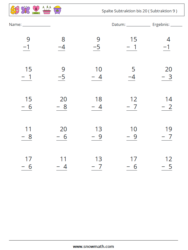 (25) Spalte Subtraktion bis 20 ( Subtraktion 9 ) Mathe-Arbeitsblätter 10