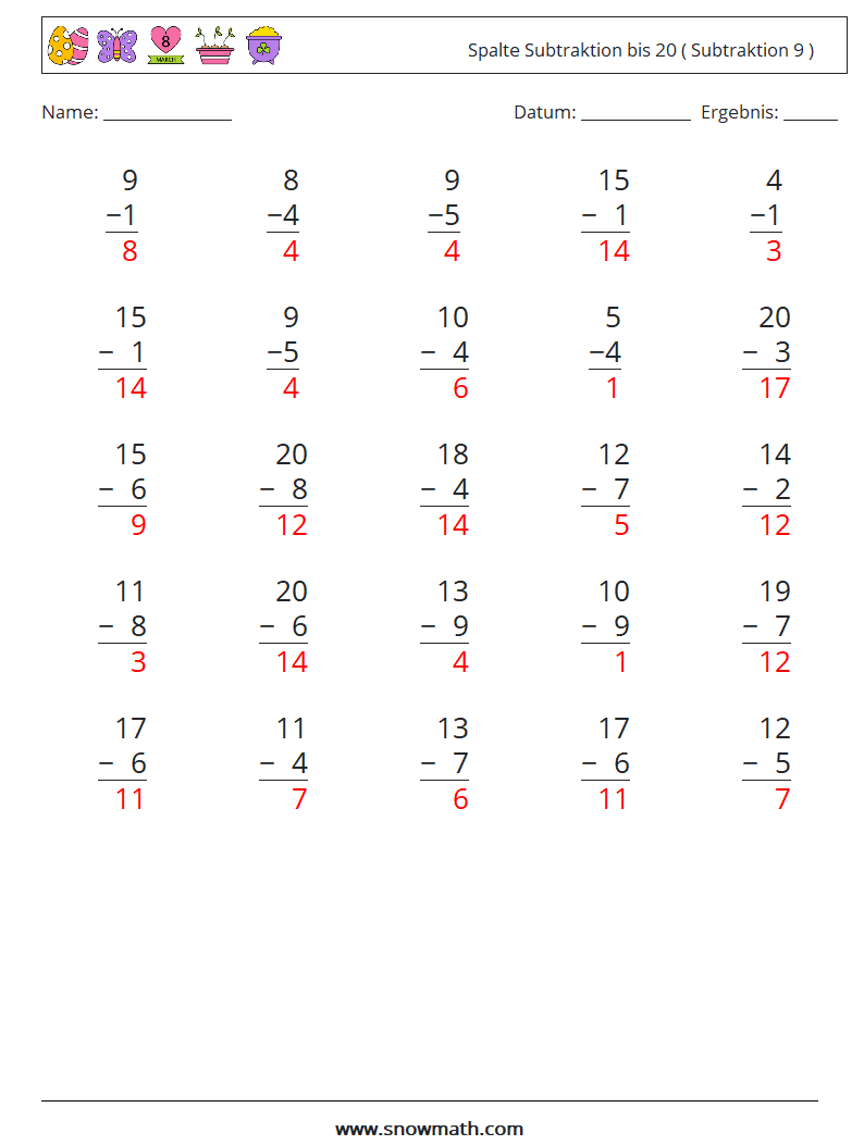 (25) Spalte Subtraktion bis 20 ( Subtraktion 9 ) Mathe-Arbeitsblätter 10 Frage, Antwort