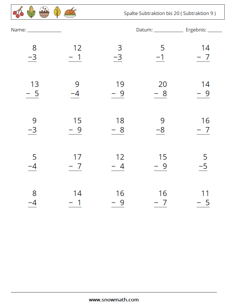 (25) Spalte Subtraktion bis 20 ( Subtraktion 9 ) Mathe-Arbeitsblätter 11