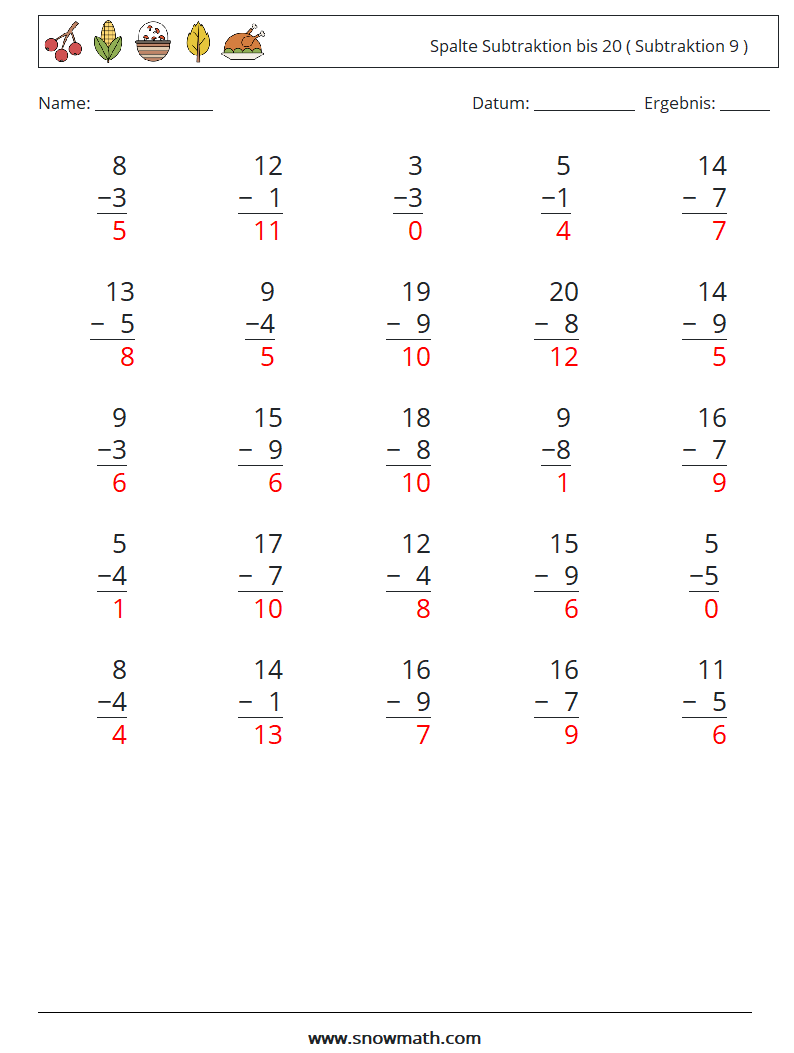 (25) Spalte Subtraktion bis 20 ( Subtraktion 9 ) Mathe-Arbeitsblätter 11 Frage, Antwort