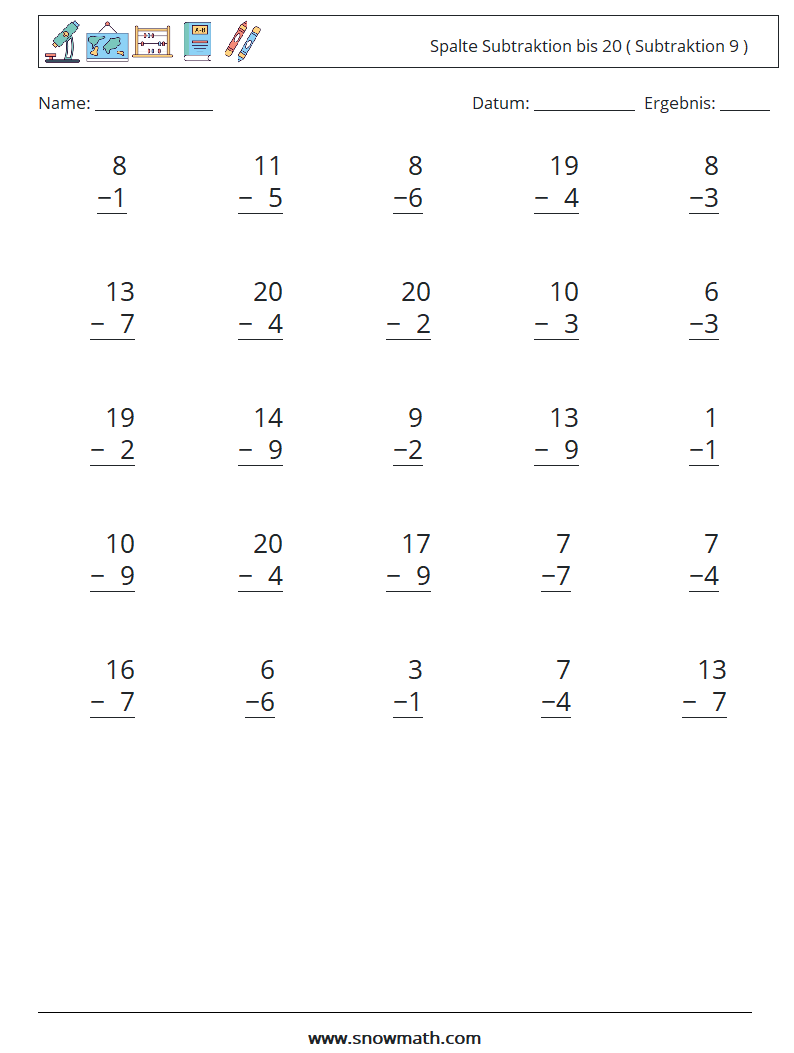 (25) Spalte Subtraktion bis 20 ( Subtraktion 9 ) Mathe-Arbeitsblätter 12