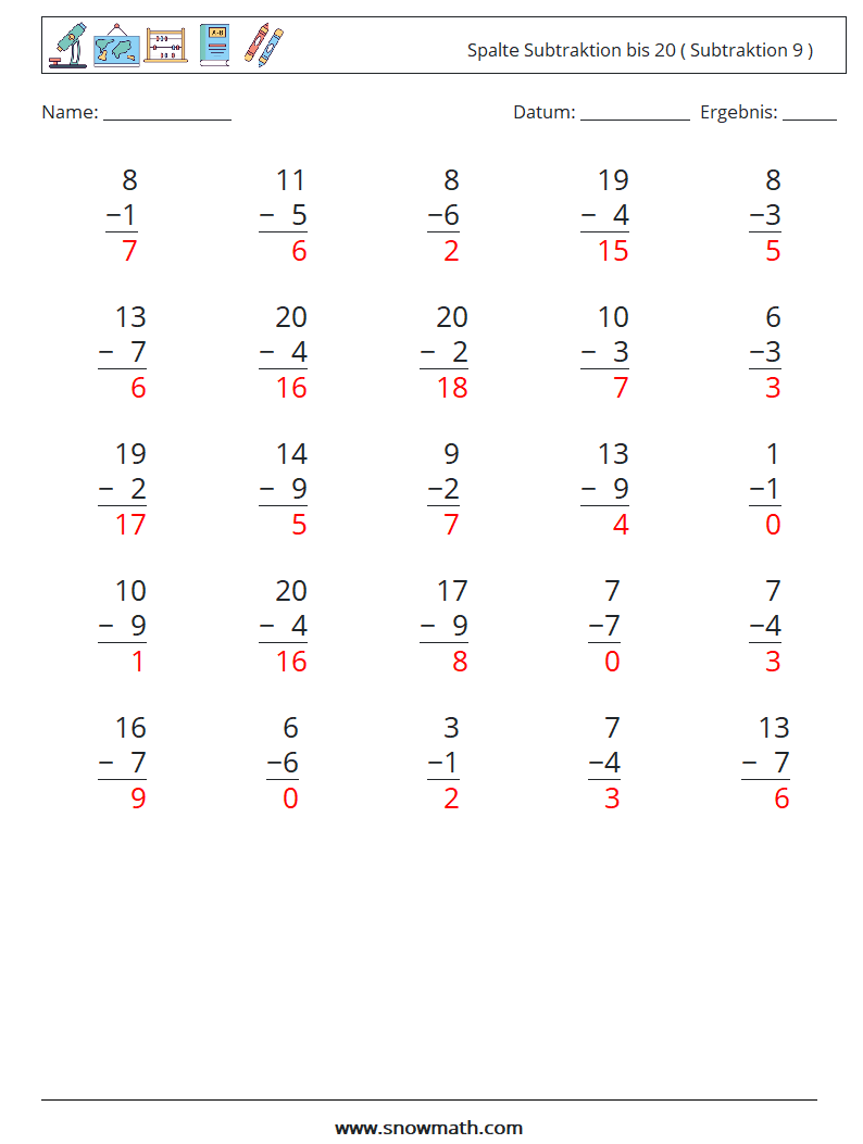(25) Spalte Subtraktion bis 20 ( Subtraktion 9 ) Mathe-Arbeitsblätter 12 Frage, Antwort