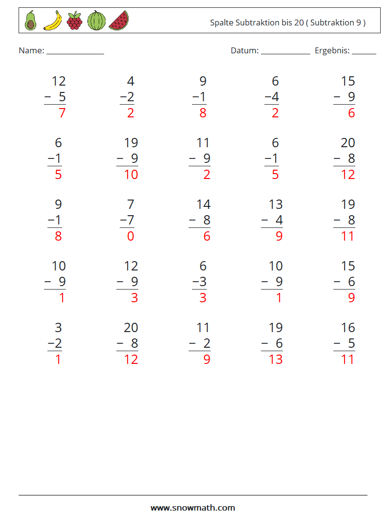 (25) Spalte Subtraktion bis 20 ( Subtraktion 9 ) Mathe-Arbeitsblätter 13 Frage, Antwort