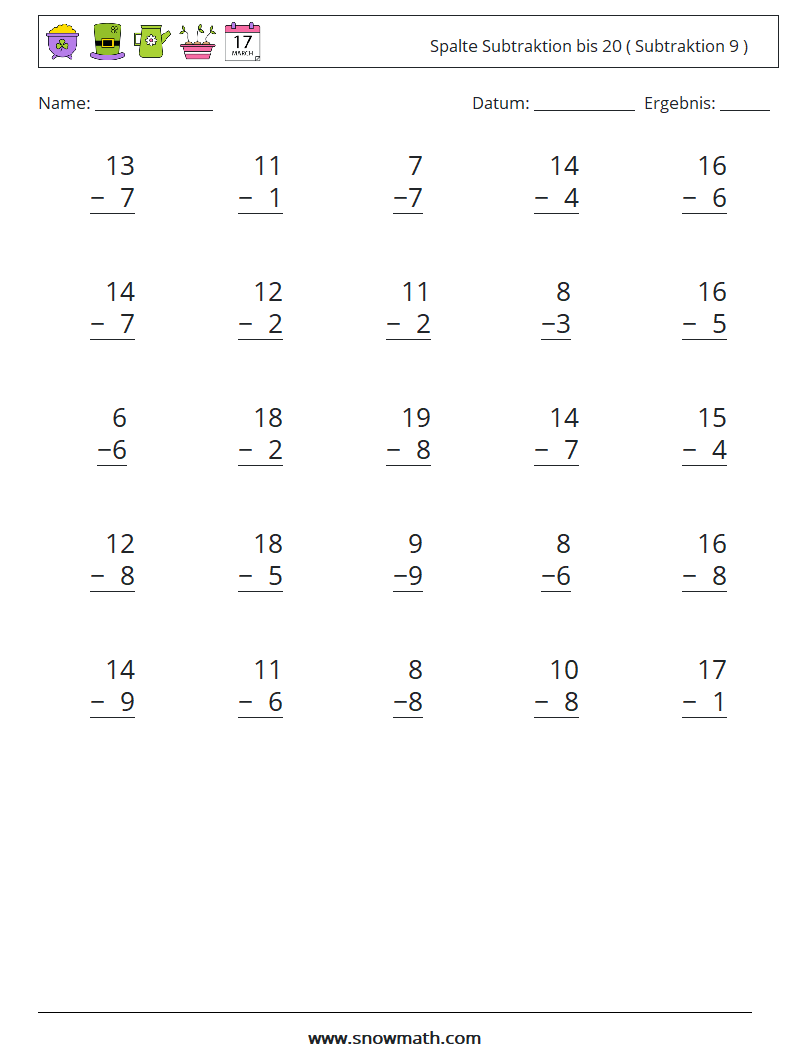 (25) Spalte Subtraktion bis 20 ( Subtraktion 9 ) Mathe-Arbeitsblätter 14