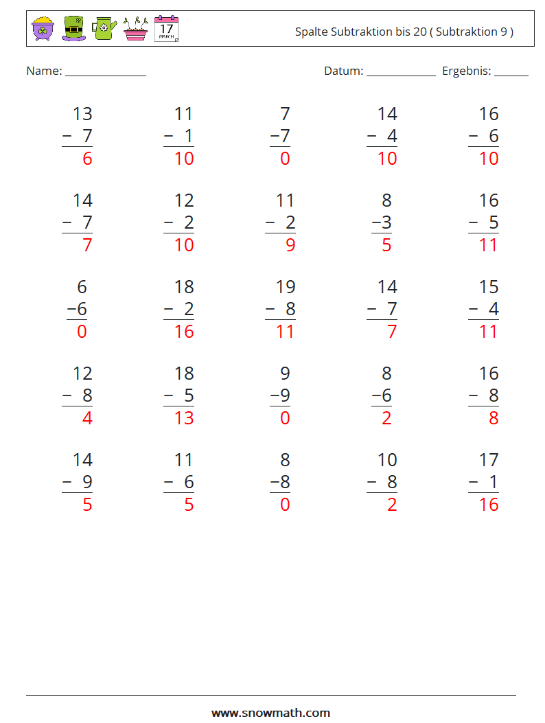 (25) Spalte Subtraktion bis 20 ( Subtraktion 9 ) Mathe-Arbeitsblätter 14 Frage, Antwort