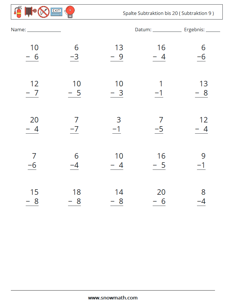 (25) Spalte Subtraktion bis 20 ( Subtraktion 9 ) Mathe-Arbeitsblätter 15