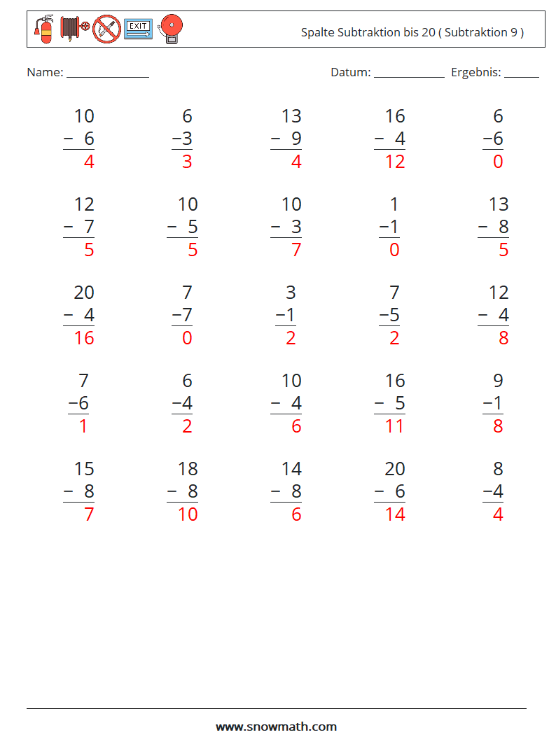(25) Spalte Subtraktion bis 20 ( Subtraktion 9 ) Mathe-Arbeitsblätter 15 Frage, Antwort