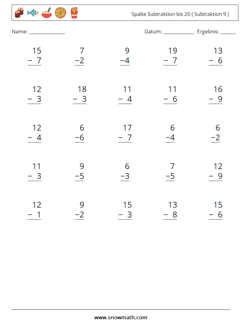 (25) Spalte Subtraktion bis 20 ( Subtraktion 9 ) Mathe-Arbeitsblätter 16
