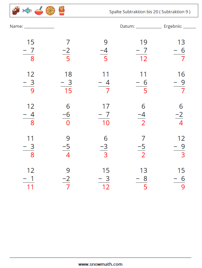 (25) Spalte Subtraktion bis 20 ( Subtraktion 9 ) Mathe-Arbeitsblätter 16 Frage, Antwort