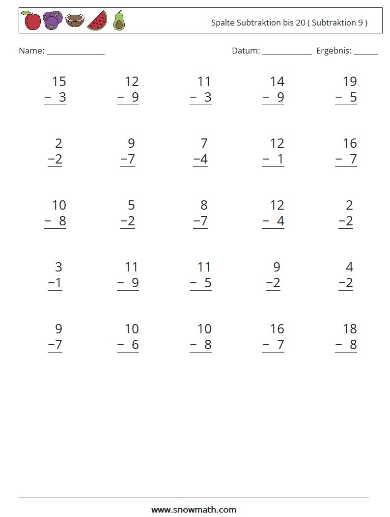 (25) Spalte Subtraktion bis 20 ( Subtraktion 9 ) Mathe-Arbeitsblätter 17