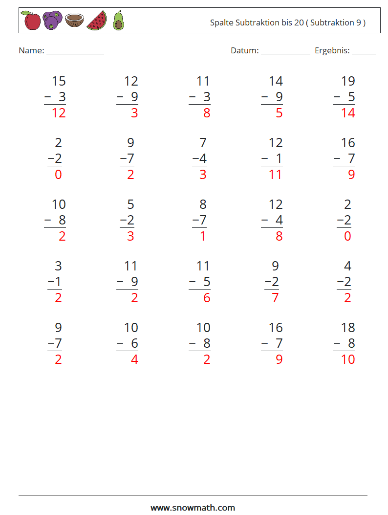 (25) Spalte Subtraktion bis 20 ( Subtraktion 9 ) Mathe-Arbeitsblätter 17 Frage, Antwort