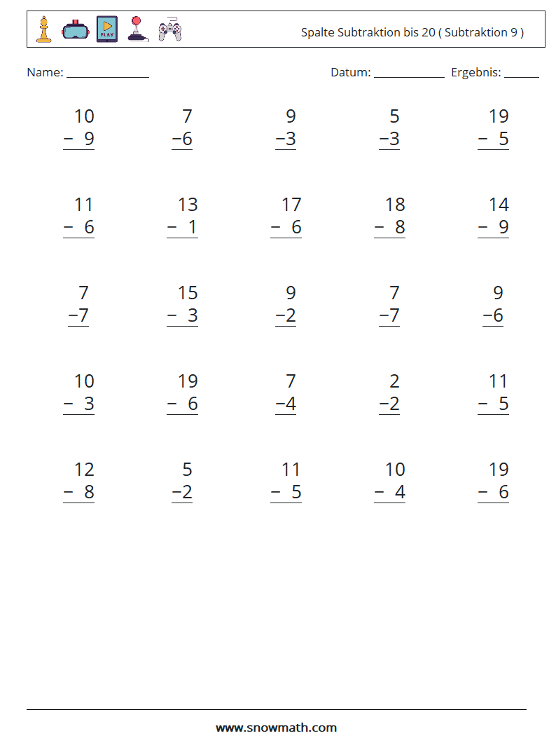 (25) Spalte Subtraktion bis 20 ( Subtraktion 9 ) Mathe-Arbeitsblätter 18