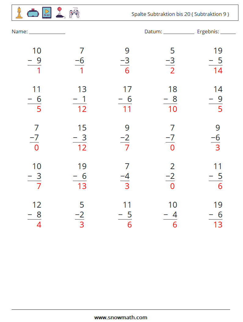 (25) Spalte Subtraktion bis 20 ( Subtraktion 9 ) Mathe-Arbeitsblätter 18 Frage, Antwort