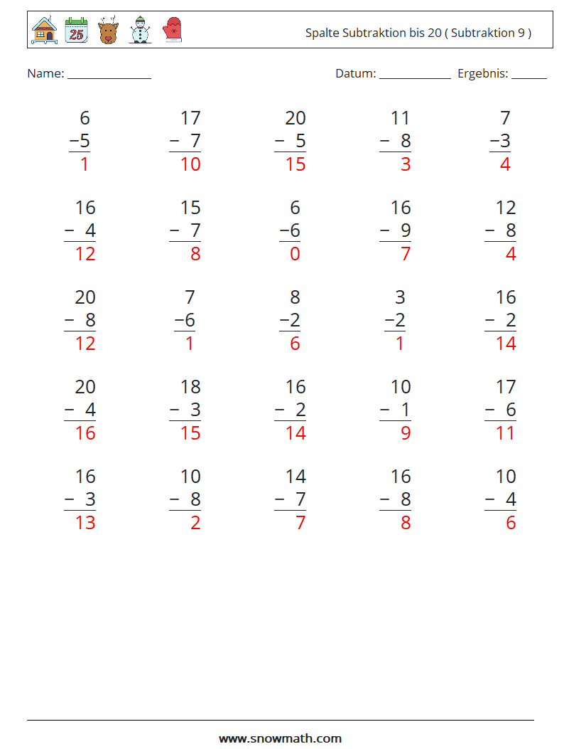 (25) Spalte Subtraktion bis 20 ( Subtraktion 9 ) Mathe-Arbeitsblätter 1 Frage, Antwort