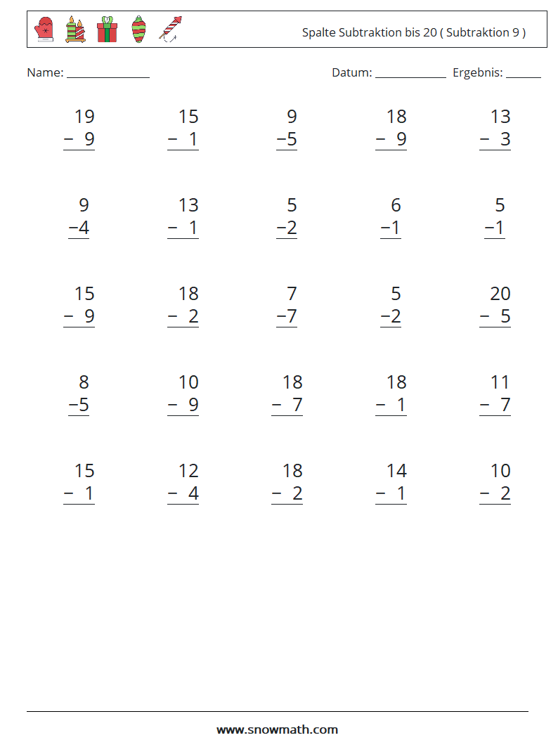(25) Spalte Subtraktion bis 20 ( Subtraktion 9 ) Mathe-Arbeitsblätter 2