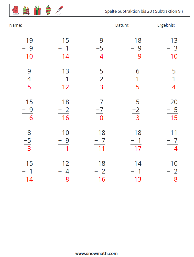 (25) Spalte Subtraktion bis 20 ( Subtraktion 9 ) Mathe-Arbeitsblätter 2 Frage, Antwort