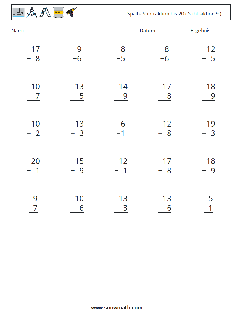 (25) Spalte Subtraktion bis 20 ( Subtraktion 9 ) Mathe-Arbeitsblätter 3
