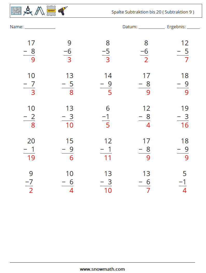 (25) Spalte Subtraktion bis 20 ( Subtraktion 9 ) Mathe-Arbeitsblätter 3 Frage, Antwort