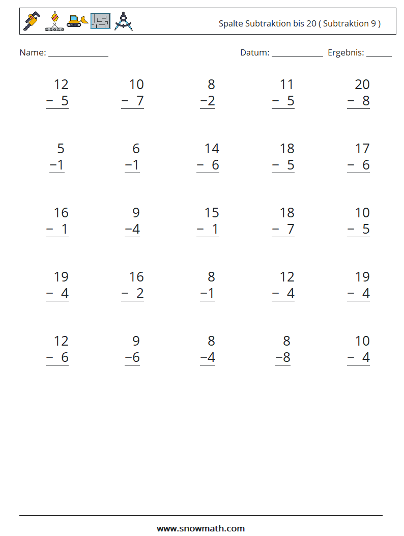 (25) Spalte Subtraktion bis 20 ( Subtraktion 9 ) Mathe-Arbeitsblätter 4