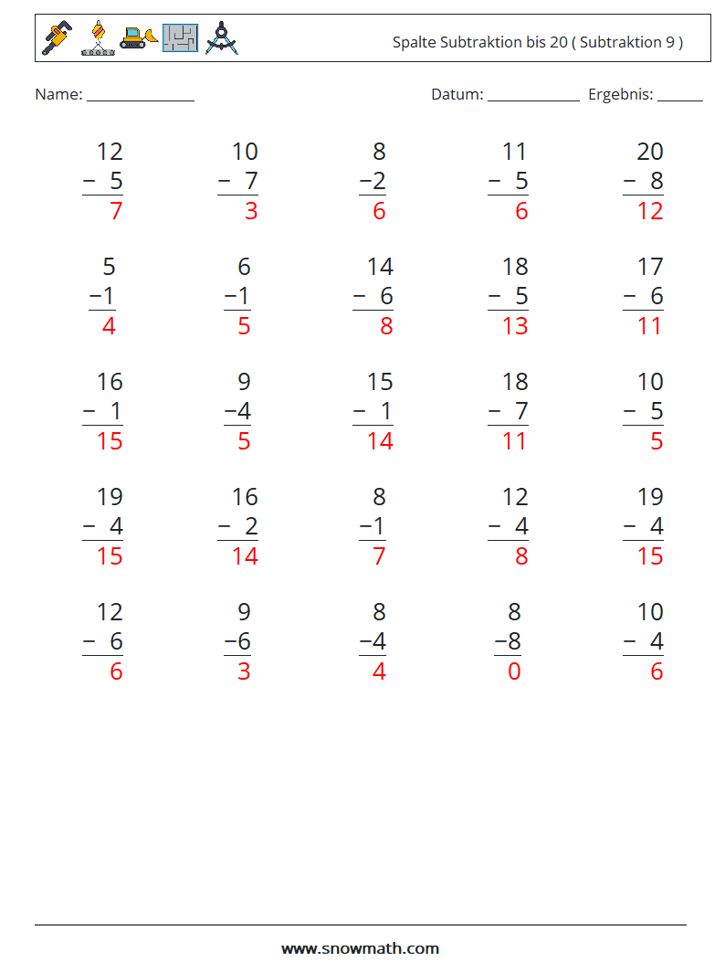 (25) Spalte Subtraktion bis 20 ( Subtraktion 9 ) Mathe-Arbeitsblätter 4 Frage, Antwort