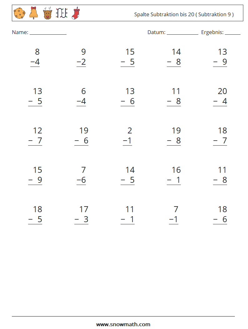 (25) Spalte Subtraktion bis 20 ( Subtraktion 9 ) Mathe-Arbeitsblätter 5