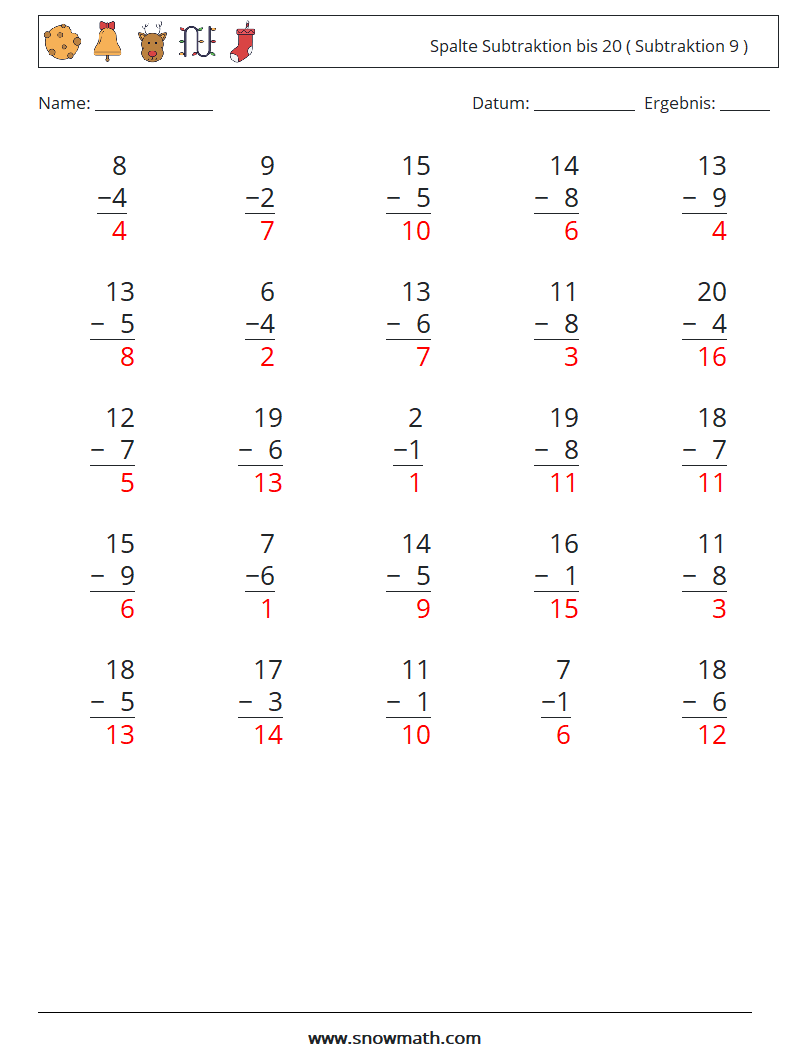 (25) Spalte Subtraktion bis 20 ( Subtraktion 9 ) Mathe-Arbeitsblätter 5 Frage, Antwort