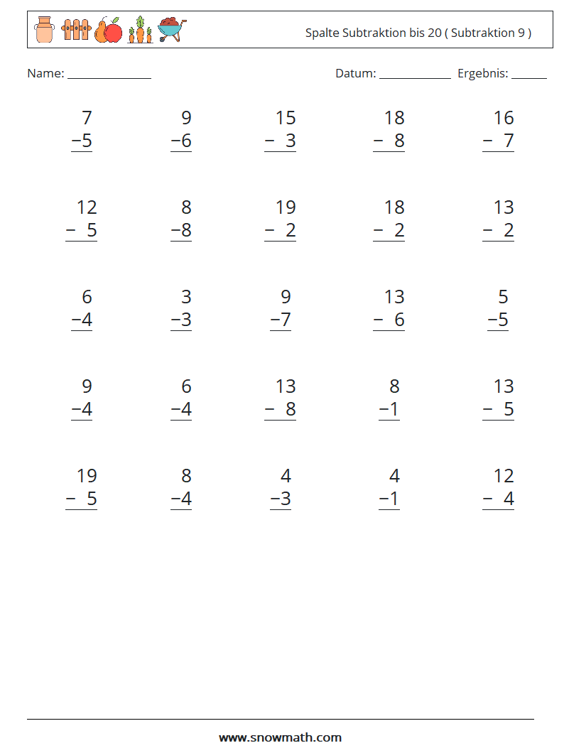 (25) Spalte Subtraktion bis 20 ( Subtraktion 9 ) Mathe-Arbeitsblätter 6