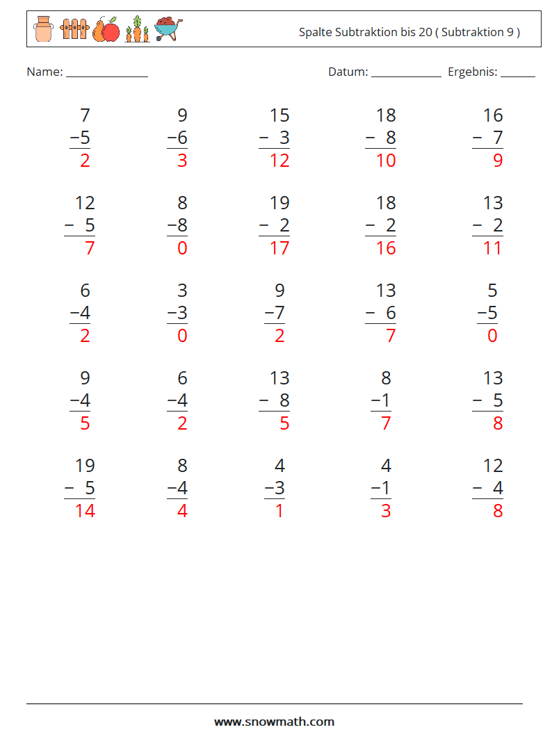 (25) Spalte Subtraktion bis 20 ( Subtraktion 9 ) Mathe-Arbeitsblätter 6 Frage, Antwort