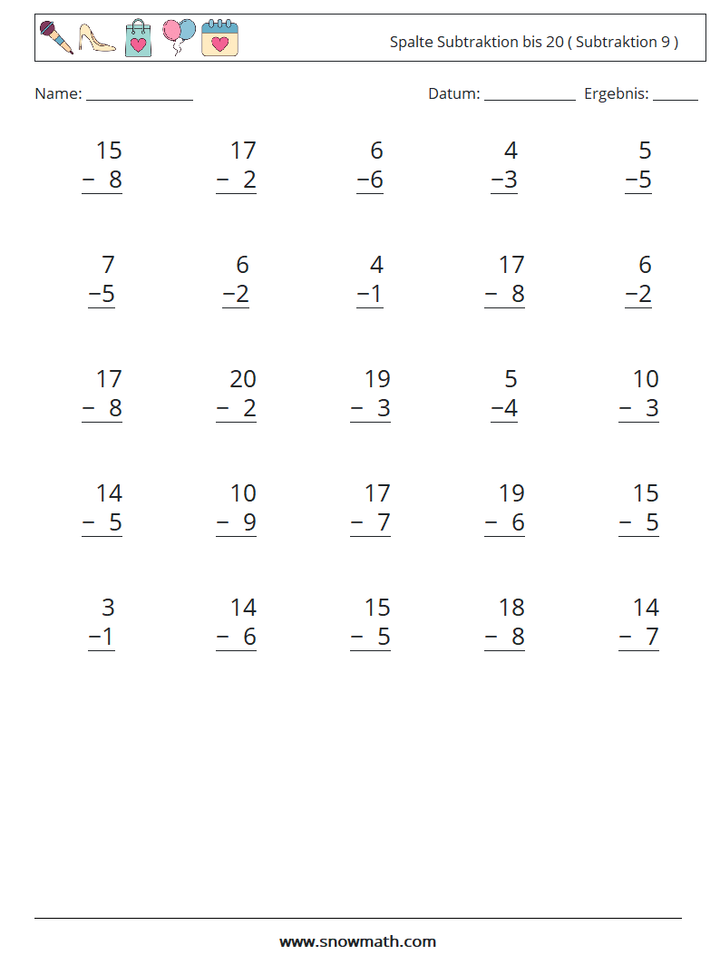 (25) Spalte Subtraktion bis 20 ( Subtraktion 9 ) Mathe-Arbeitsblätter 7