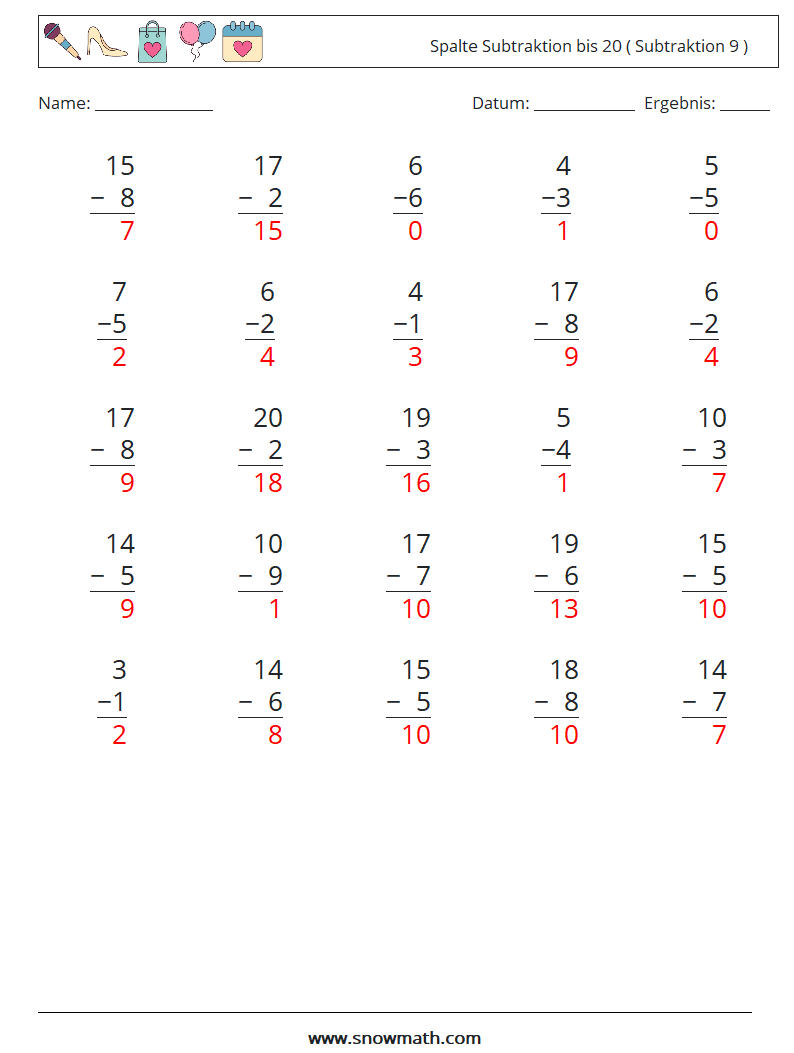 (25) Spalte Subtraktion bis 20 ( Subtraktion 9 ) Mathe-Arbeitsblätter 7 Frage, Antwort