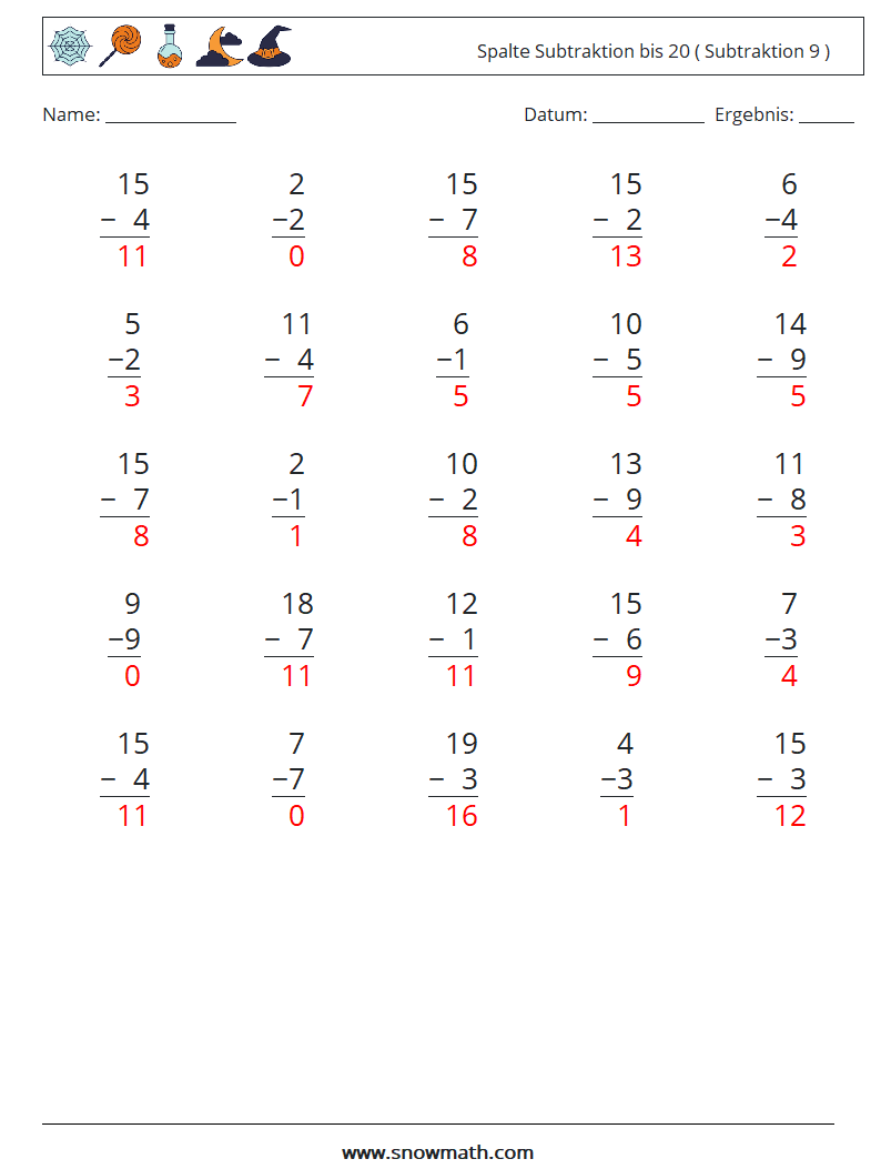 (25) Spalte Subtraktion bis 20 ( Subtraktion 9 ) Mathe-Arbeitsblätter 8 Frage, Antwort