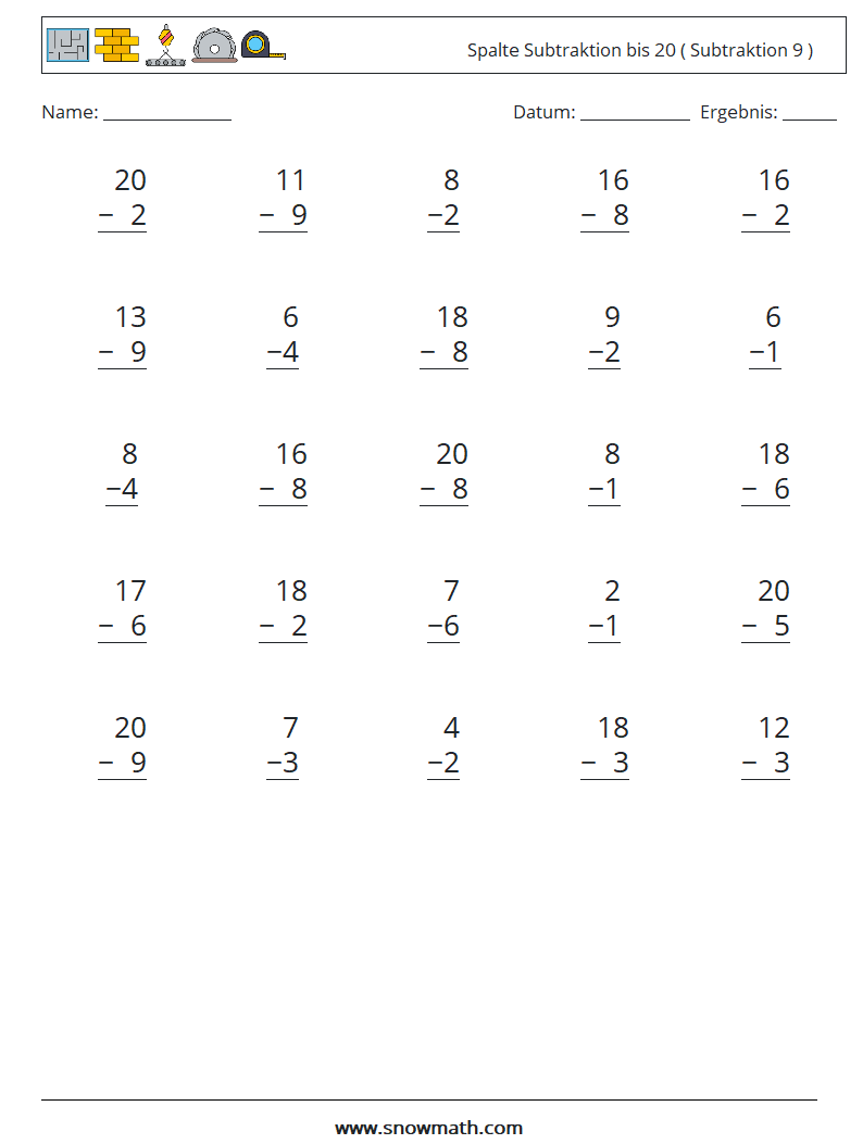 (25) Spalte Subtraktion bis 20 ( Subtraktion 9 ) Mathe-Arbeitsblätter 9