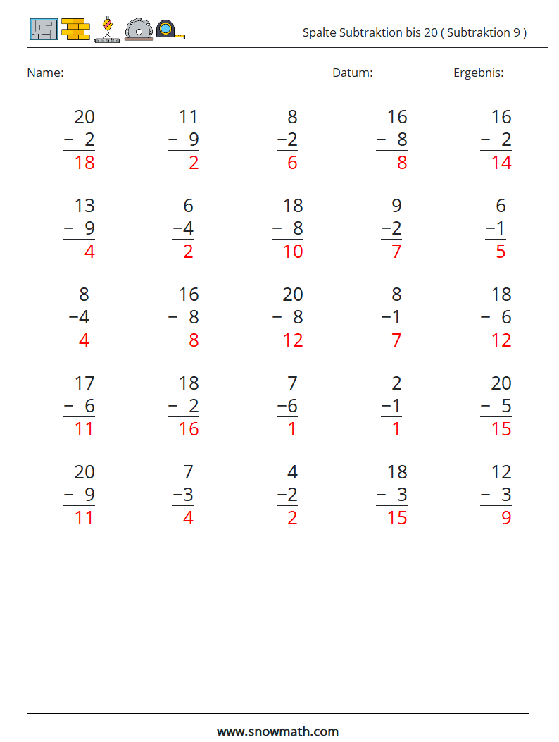 (25) Spalte Subtraktion bis 20 ( Subtraktion 9 ) Mathe-Arbeitsblätter 9 Frage, Antwort