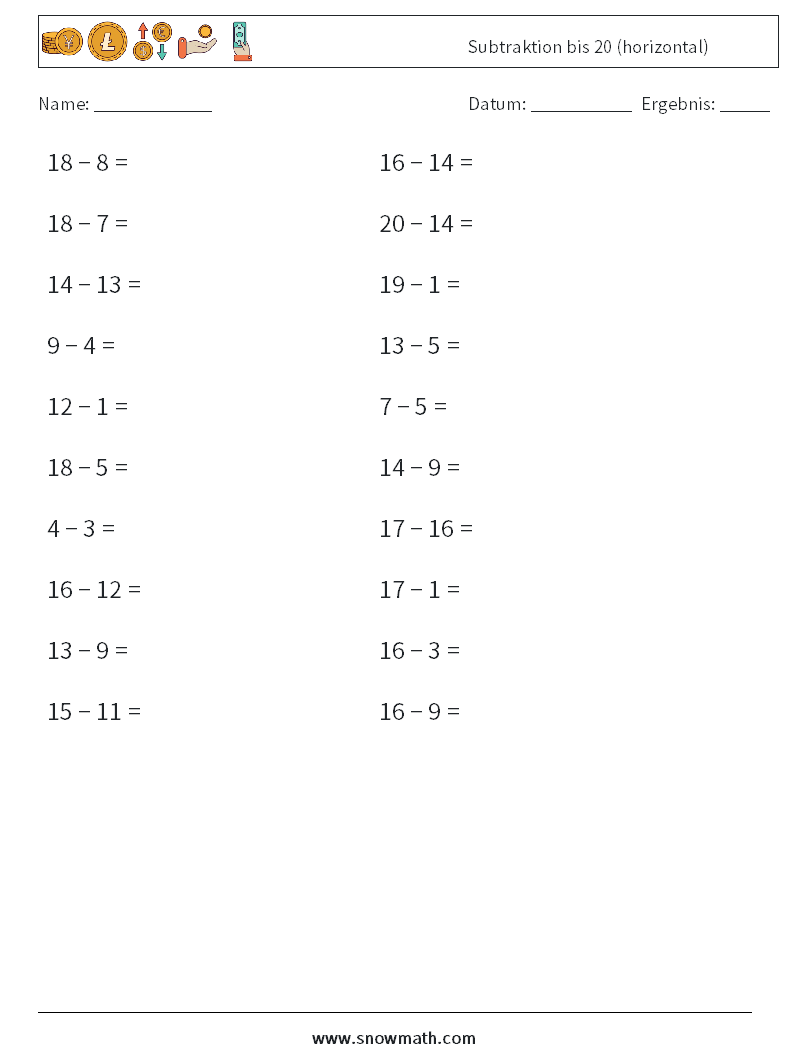 (20) Subtraktion bis 20 (horizontal) Mathe-Arbeitsblätter 1