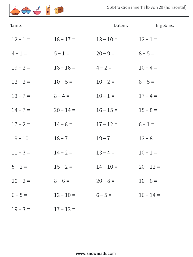 (50) Subtraktion innerhalb von 20 (horizontal)