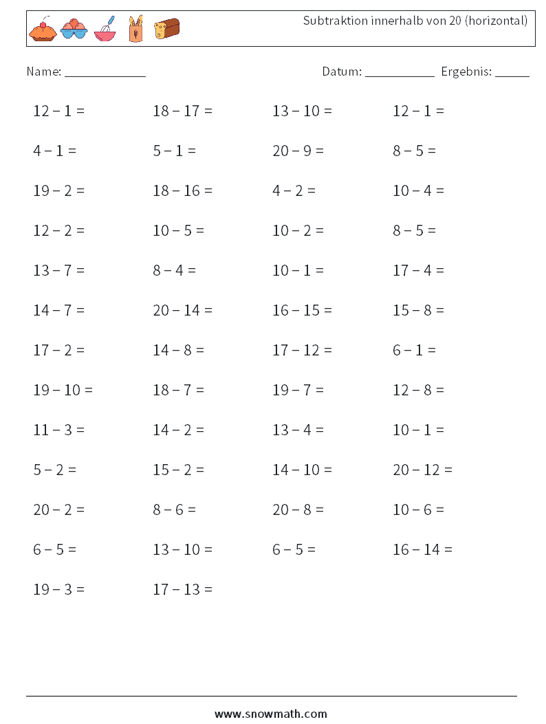 (50) Subtraktion innerhalb von 20 (horizontal) Mathe-Arbeitsblätter 1