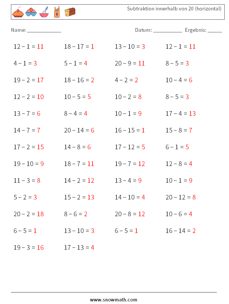 (50) Subtraktion innerhalb von 20 (horizontal) Mathe-Arbeitsblätter 1 Frage, Antwort