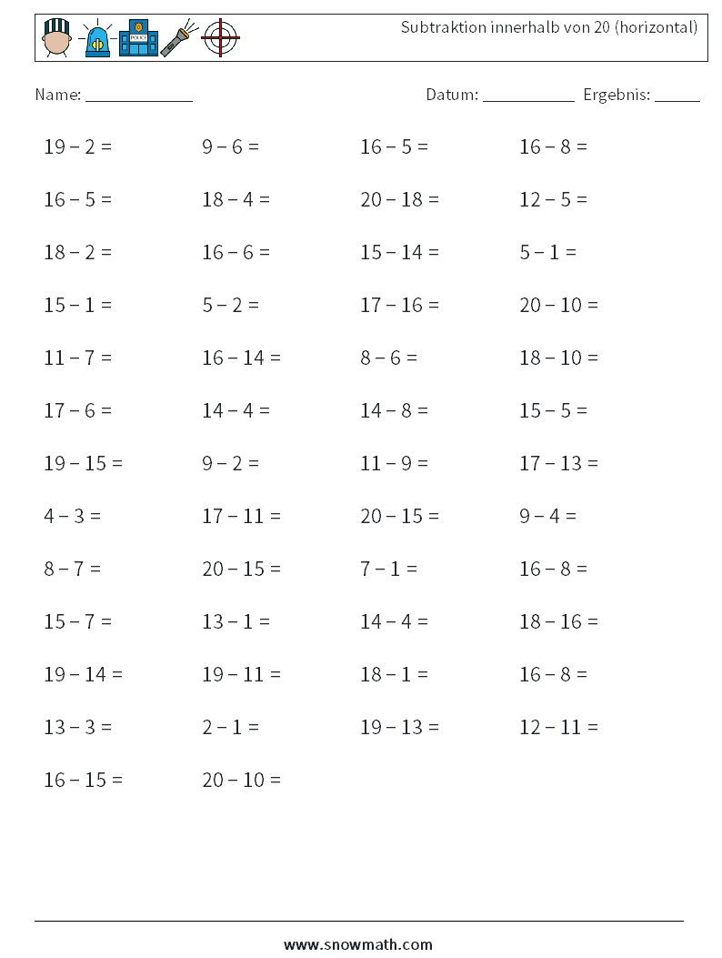 (50) Subtraktion innerhalb von 20 (horizontal) Mathe-Arbeitsblätter 2