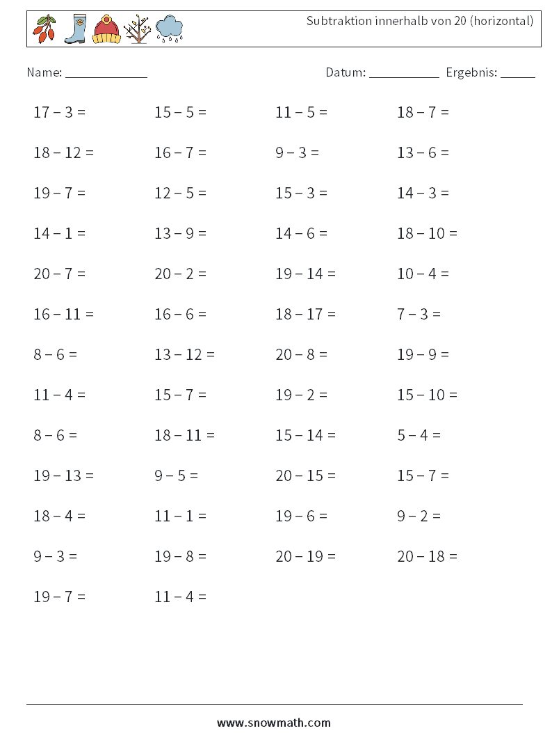 (50) Subtraktion innerhalb von 20 (horizontal) Mathe-Arbeitsblätter 4